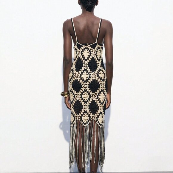 Black and White Party Women's Contrast Color Crochet Knit Sweater Dress - Picture 5 of 8